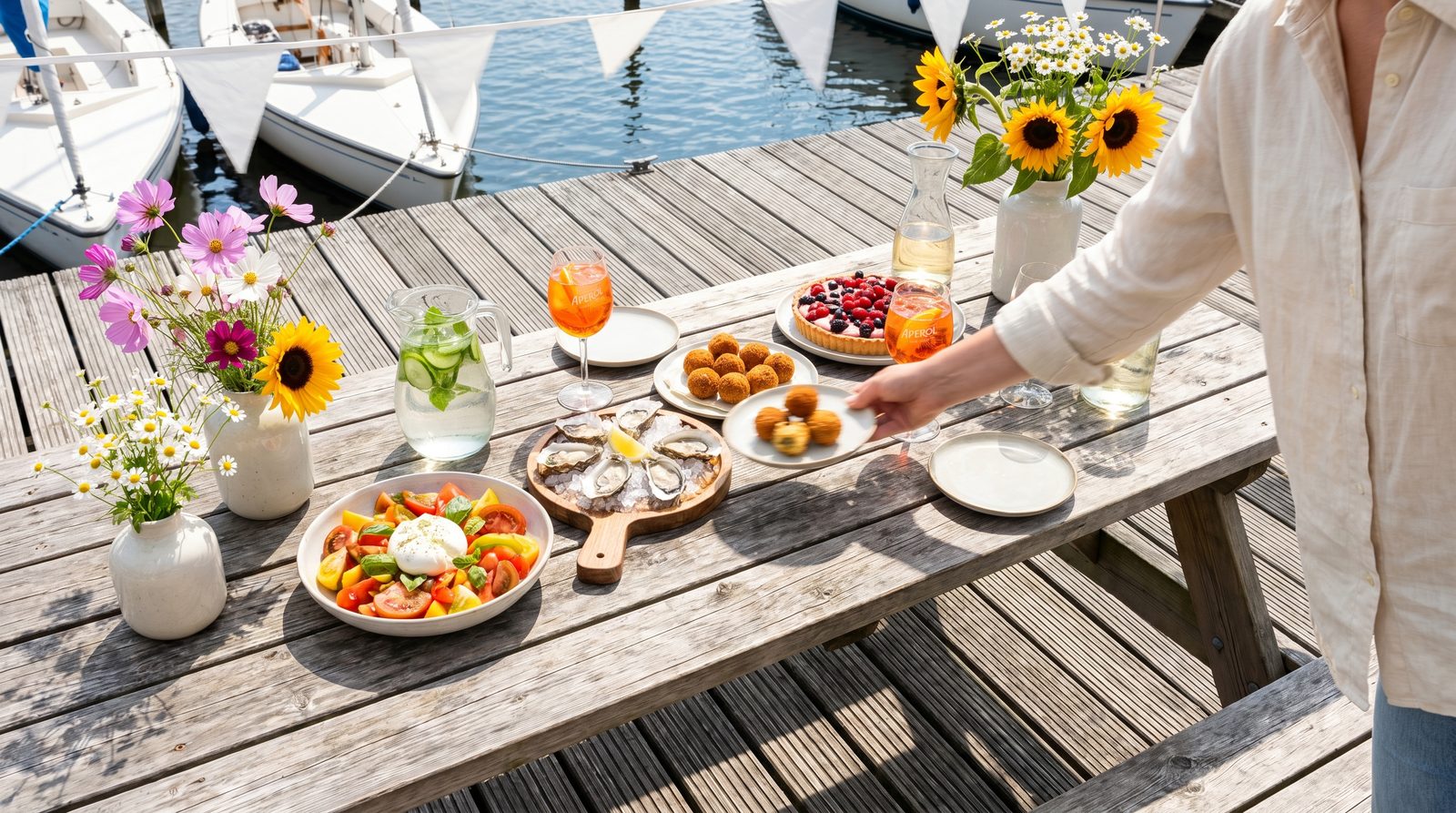 Borrelplanken met oesters, salade, bitterballen, Aperol en zonnebloemen op een houten tafel aan het water bij JuKe Café.