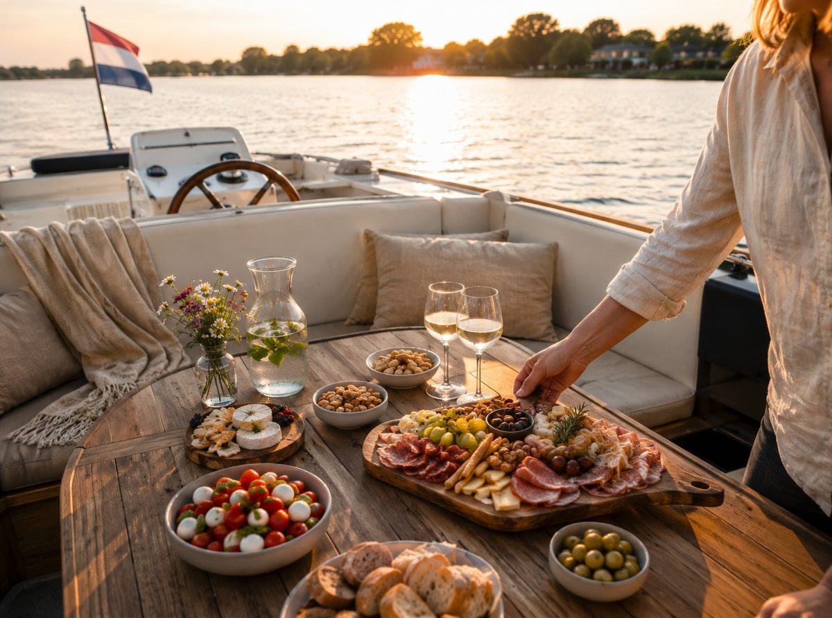 Uitgebreide borrelplank met vleeswaren, kaas, olijven en wijn op een sloep met de Nederlandse vlag bij gouden uur