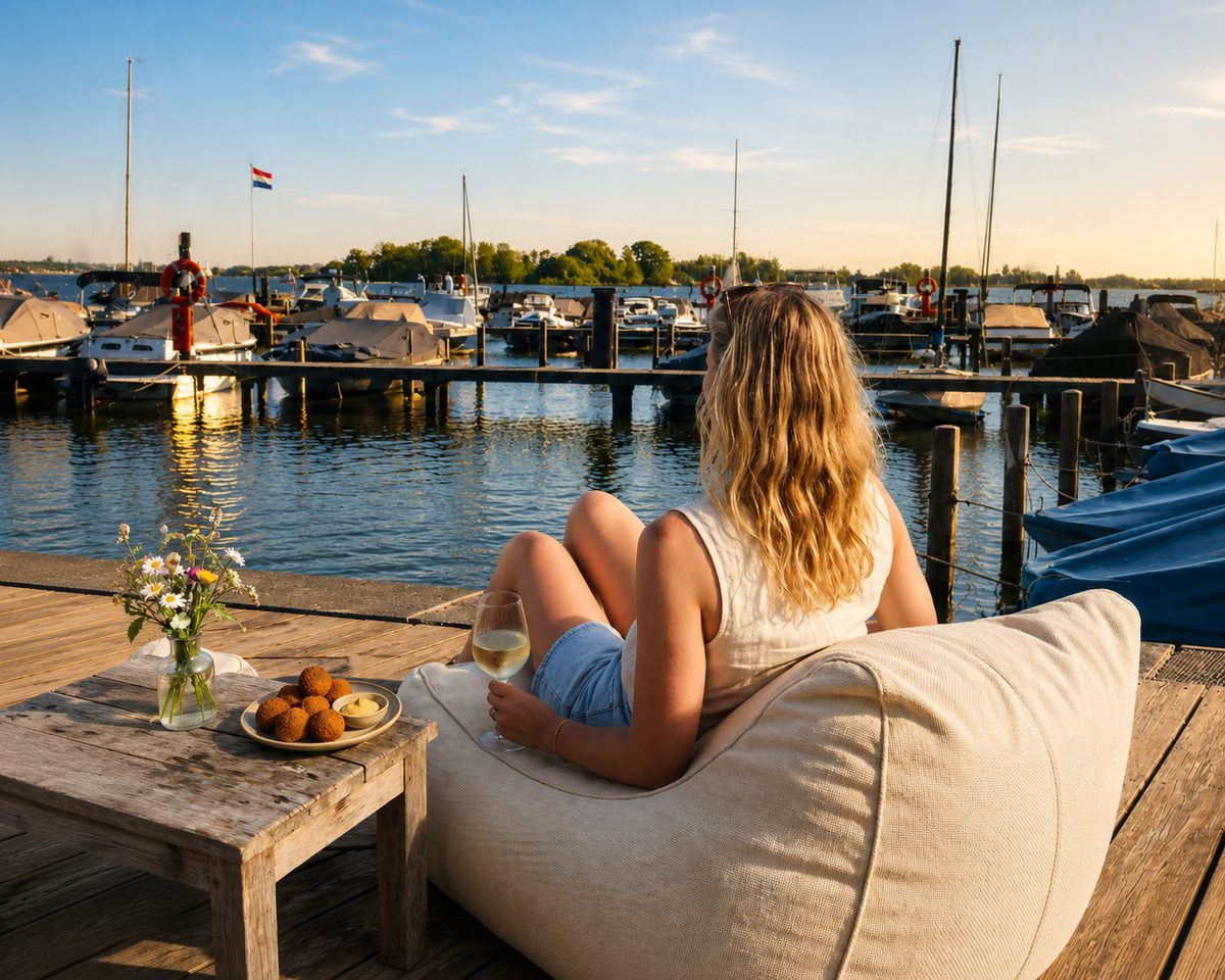 Gast op een zitzak met een wijntje en bitterballen, uitkijkend over de jachthaven bij gouden uur