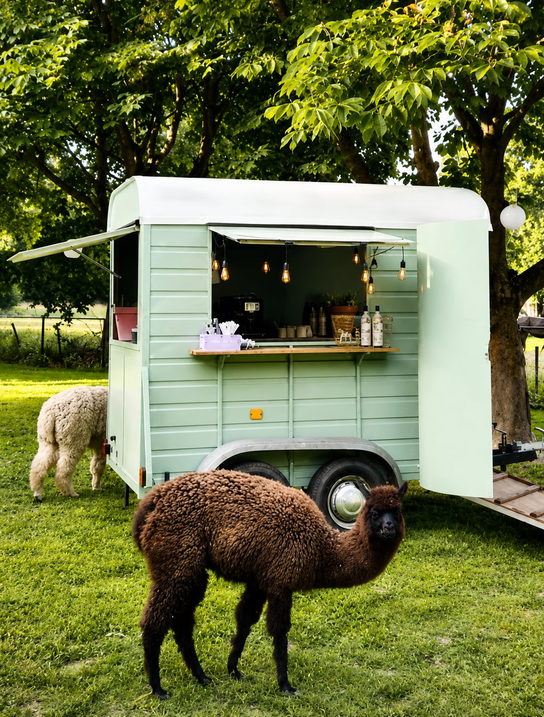 De mintgroene foodtruck van JuKe Catering met sfeerverlichting binnenin, in het groen met een alpaca op de voorgrond