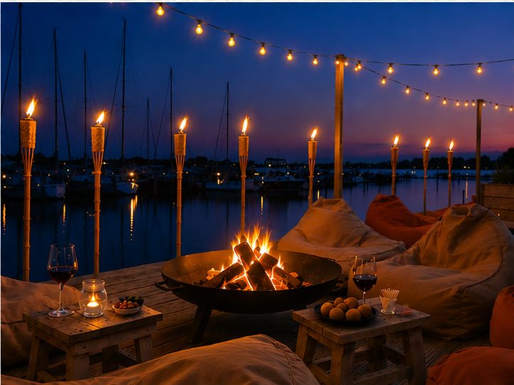 Fakkels, vuurkorf, zitzakjes en stringlights aan het water bij blue hour.