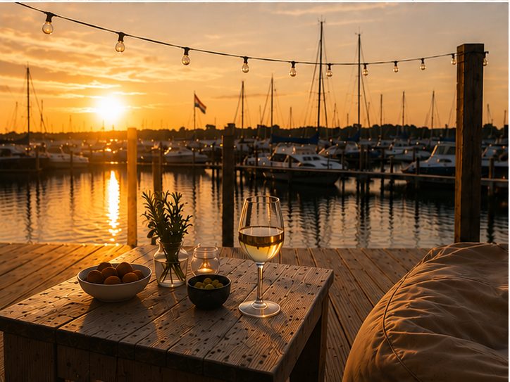 Uitzicht vanaf een zitzak bij zonsondergang — koffie op het houten tafeltje, jachten silhouet tegen de gouden lucht.