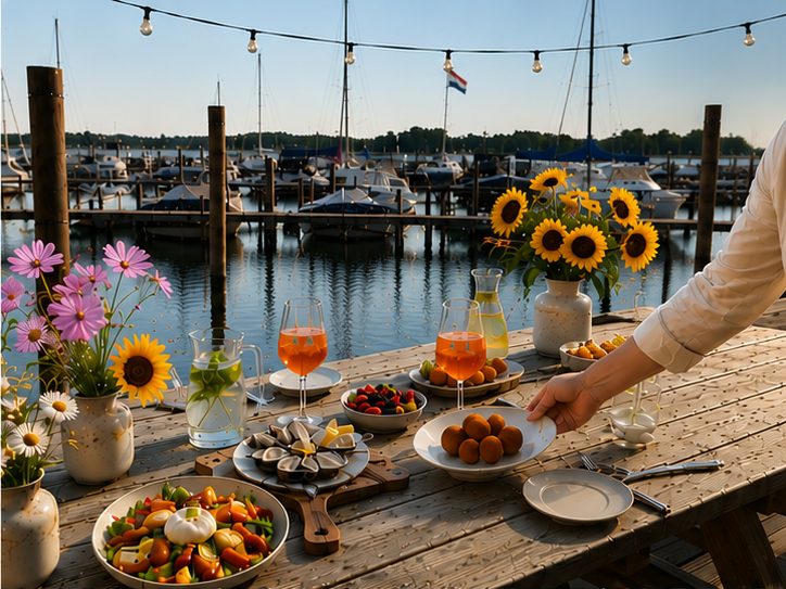 Lunch op het terras met zonnebloemen, fresh food en jachten in de zon.