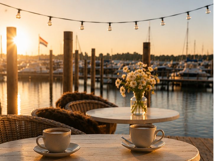 Ochtend bij JuKe — koffie en bloemen op een houten tafel met de zonsopkomst boven de jachthaven.
